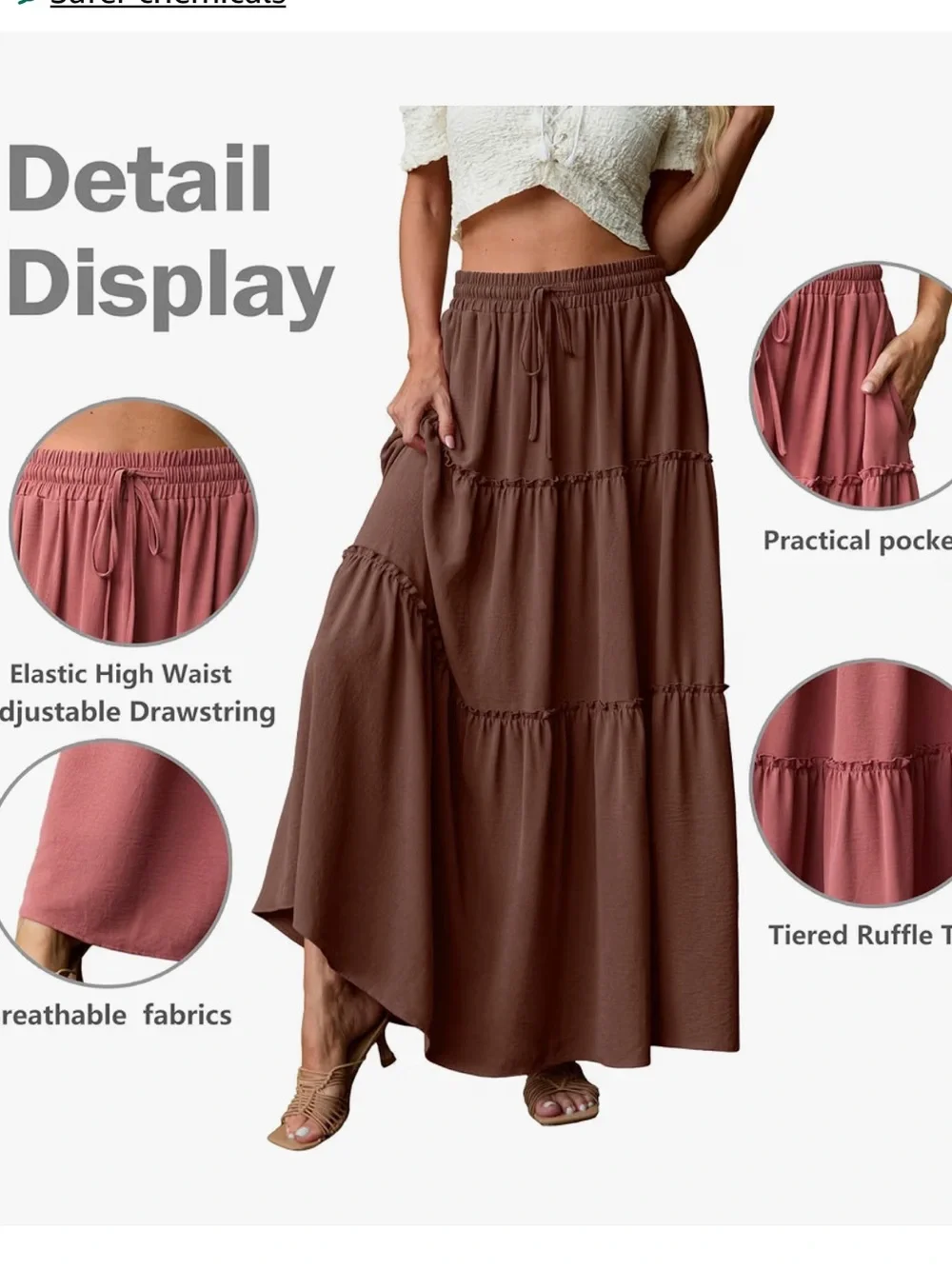 Tiered Maxi Skirt in Brown - Drawstring Waist
